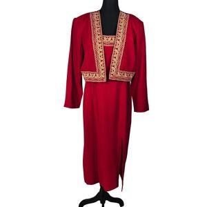 Vintage R.J. & Co. Petite Red Gold Embroidered Dress & Bolero Jacket Set 14P USA